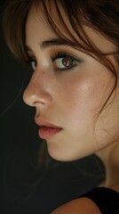 Fototapeta premium Portrait of a young Caucasian woman with light brown eyes and natural makeup, gazing intensely to the side against a dark background.