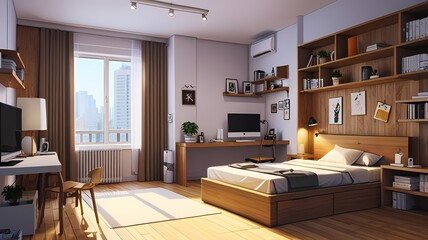 apartment room with work space, anime style