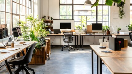 Photograph of a sleek and modern co working space featuring digital displays ergonomic workstations and state of the art office equipment set against an isolated background