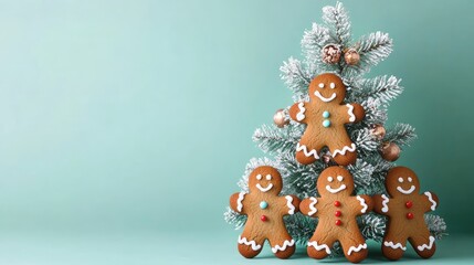 Fototapeta premium Gingerbread men decorating a tree. AI generated illustration.