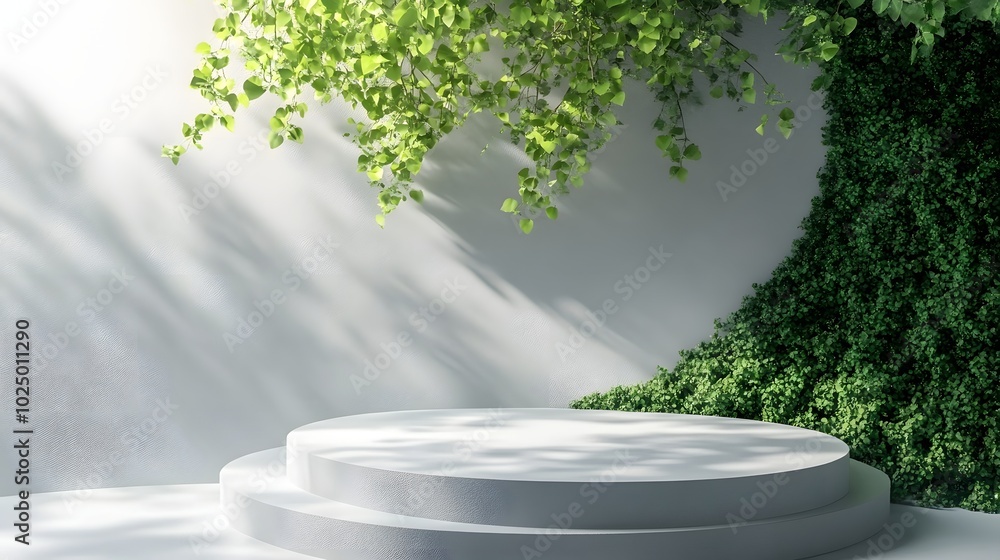 Poster 4. a stylish round stage podium design featuring an overhead view of greenery and a tree, creating a