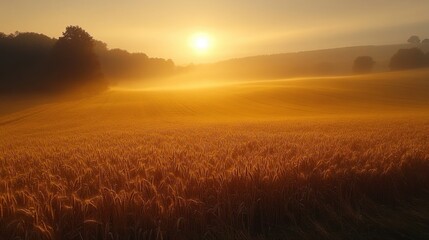 Fototapeta premium Serene Sunrise Over Countryside Farm Field: Aerial View with Morning Mist and Soft Golden Hues