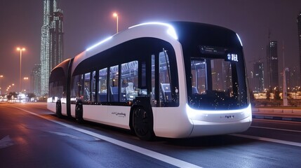 Obraz premium A multicultural team from the UAE, Turkey, and Jordan testing autonomous buses in a futuristic smart city, reflecting the next generation of urban mobility