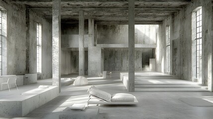 A photograph showcasing a sleek and modern industrial co working space featuring an open plan layout exposed pipes and minimalist furniture providing a productive and collaborative work environment