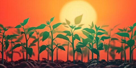 Young tomato seedlings prepared for planting in soil and greenhouses for early yields Close-up of plants with a sunset backdrop Tomatoes cultivated in reusable containers