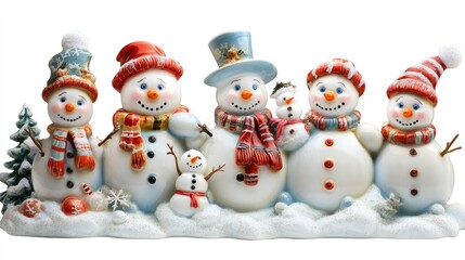 Snowman family in a snowy garden. AI generated illustration.