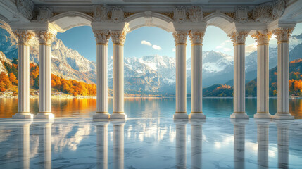 Elegant marble columns overlooking serene mountain lake, classical architecture, nature reflection, majestic pillars, open sky, scenic view, ancient style, peaceful outdoor environment