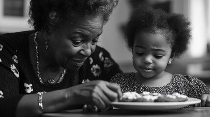 A tender moment between a child and an older woman, both engaged in the act of enjoying cookies.