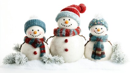 Snowman family in a snowy garden. AI generated illustration.