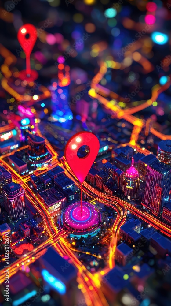 Poster dynamic 3d cityscape with red pointers