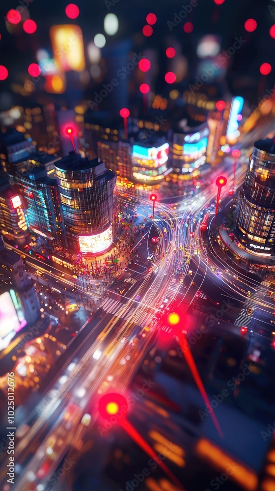 Poster dynamic 3d cityscape with red pointers and lights