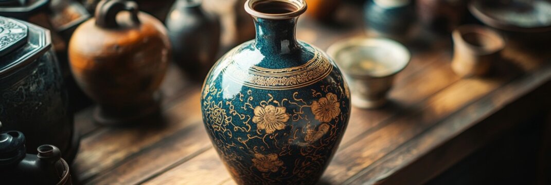 Antique ceramic vase with intricate engravings displayed on a shelf, showcasing craftsmanship and timeless elegance.
