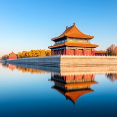 A serene view of a traditional Chinese pavilion by a calm lake.