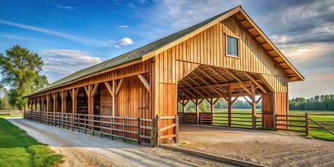 Fototapeta premium Low angle view of wooden barn stalls and covered walkway
