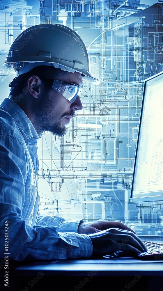 Poster engineer using computer in dynamic work environment