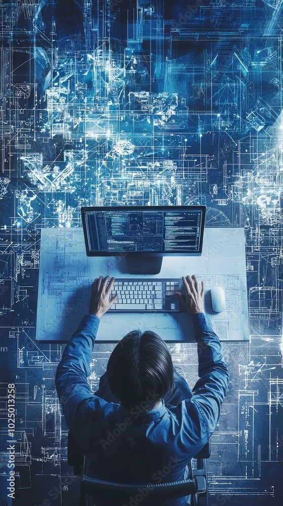 Poster dynamic engineer working on computer with blue background