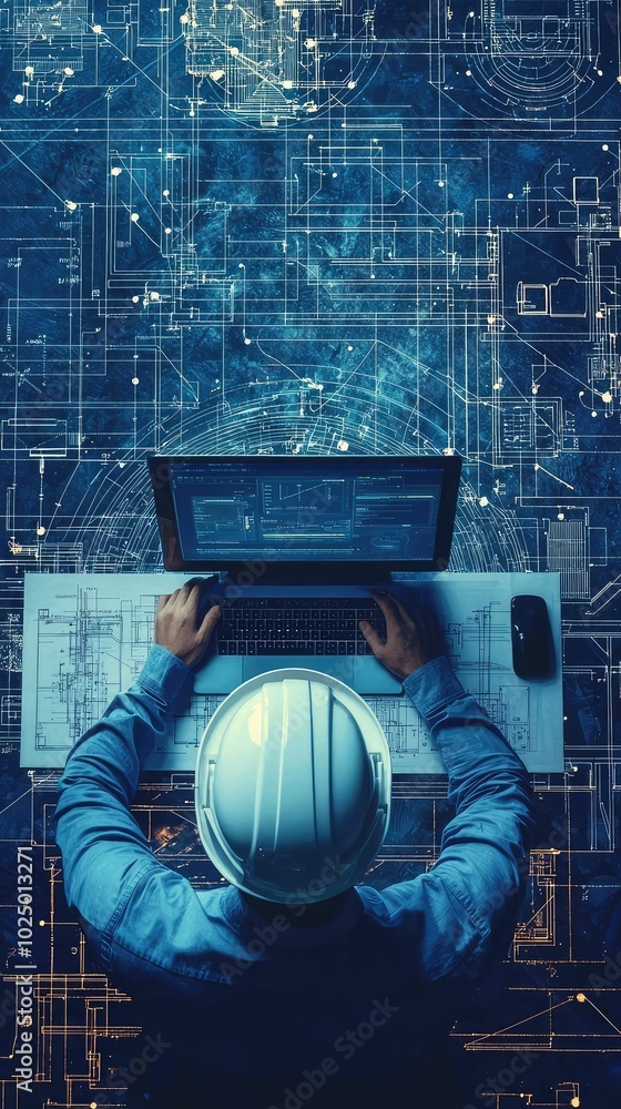 Poster engineer working on computer with technical designs