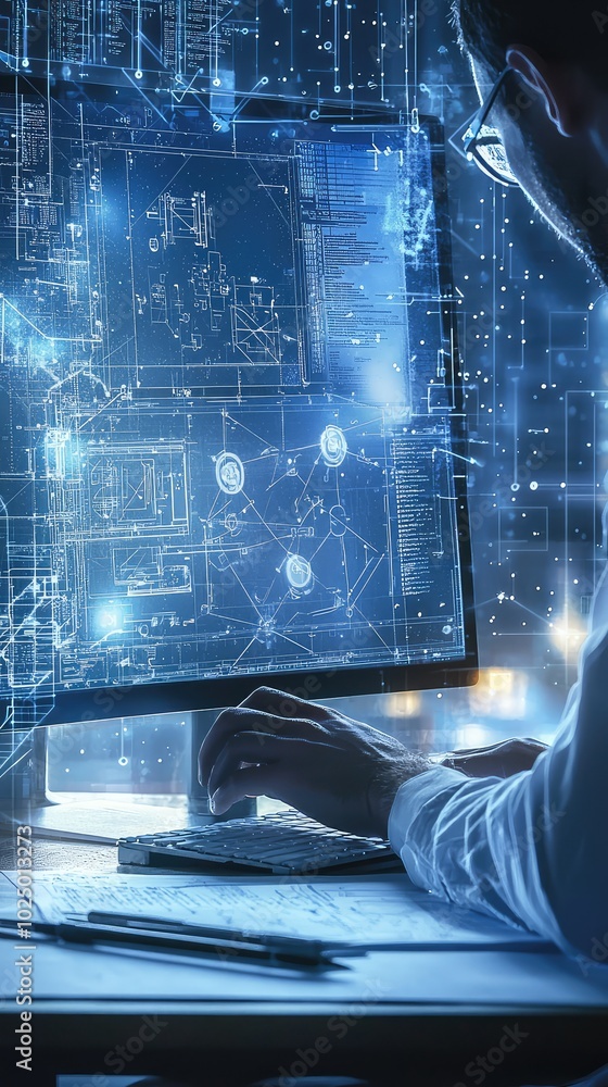 Poster dynamic engineer working on computer with digital interface