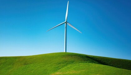 Fototapeta premium Renewable Energy Wind Turbine on Green Hill with Clear Blue Sky. Clean Energy Concept for Sustainable Power Generation and Eco Friendly Solutions