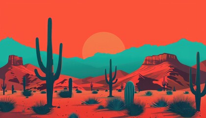 A Vivid Desert Sunset with Tall Cacti and Mountainous Landscape