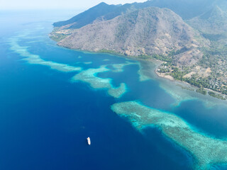 Fototapeta premium A beautiful and healthy coral reef surrounds a volcanic island off the coast of Flores, Indonesia. This area, in the Lesser Sunda Islands, is known for its high marine biodiversity.