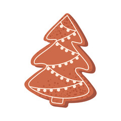 Gingerbread Christmas tree cookies vector Illustration isolated on a white background. Homemade cookies. Holiday Xmas cartoon dessert. Cute modern hand drawn gingerbread xmas tree in icing-sugar.