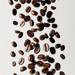 Obraz premium A stream of dark brown roasted coffee beans falling against a white background.