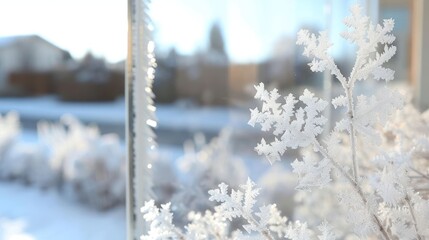 Close-up of frost-covered branches with a blurry suburban neighborhood in the background.