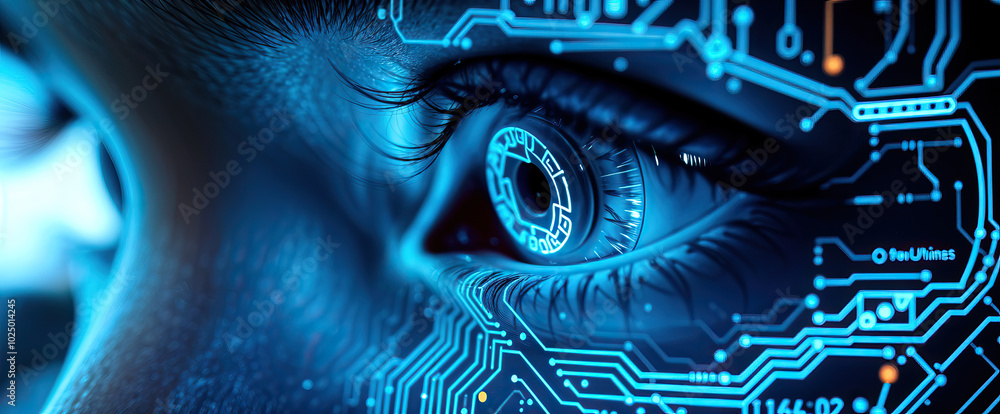 Poster close up advanced ai aritficial intelligence human eye futuristic digital data circuit data hi tech 