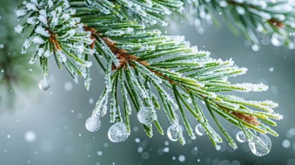 Close-up of a frosted pine branch with water droplets.
