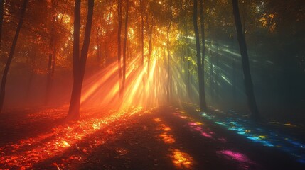 Naklejka premium surreal forest where the leaves on the trees are made of rainbow glass, and beams of multicolored light pierce through the thick mist