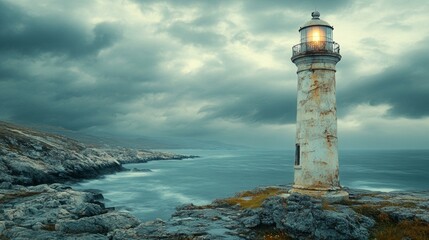 Obraz premium Weathered Lighthouse on Rocky Shore, a solitary beacon enduring the elements, telling stories of time and nature's relentless force.