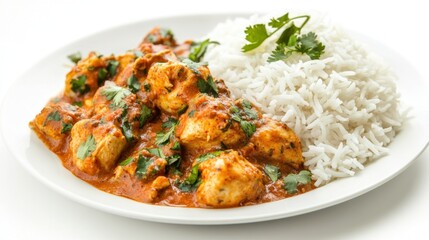 Fototapeta premium Traditional Indian chicken curry with rice, served on a white plate, isolated on a white background, emphasizing the rich colors and textures