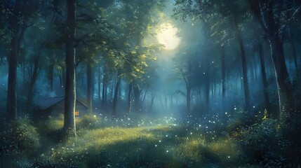 Fototapeta premium Enchanting Moonlit Forest Glade with Bioluminescent Fungi and Cozy Cabin Inviting Tranquil Respite