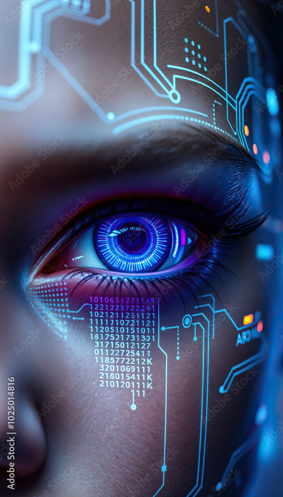 Poster close up of futuristic cyber eye with digital augmentation hi tech data circuit technology innovation vertical format