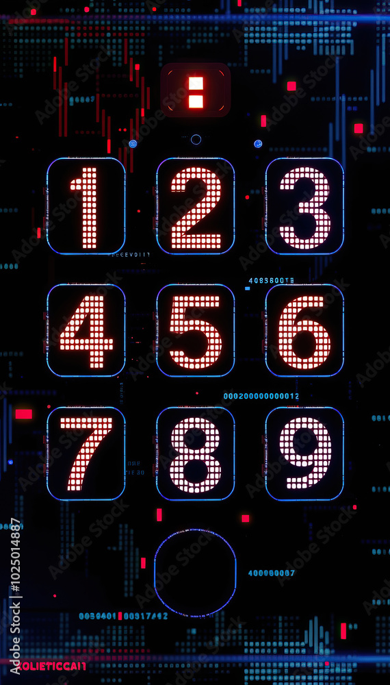 Poster digital keypad number neon red on black background with circuit lines binary code password protection cybersecurity hacking vertical format