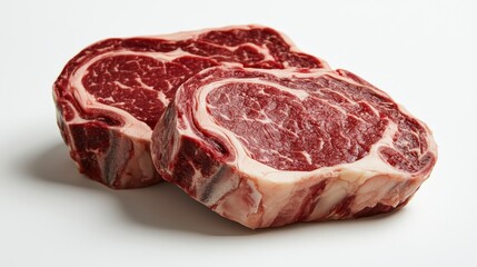Fototapeta premium Two beautifully marbled rib-eye steaks stacked together, isolated on a white background, perfect for highlighting premium cuts of meat
