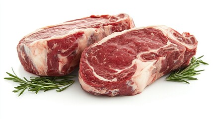 Two beautifully marbled rib-eye steaks stacked together, isolated on a white background, perfect for highlighting premium cuts of meat