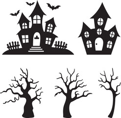  Haunted House and Halloween tree on a white background