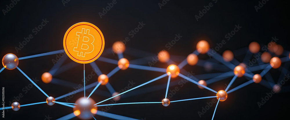 Poster orange bitcoin symbol on blue network lines dark background digital currency concept blockchain tech