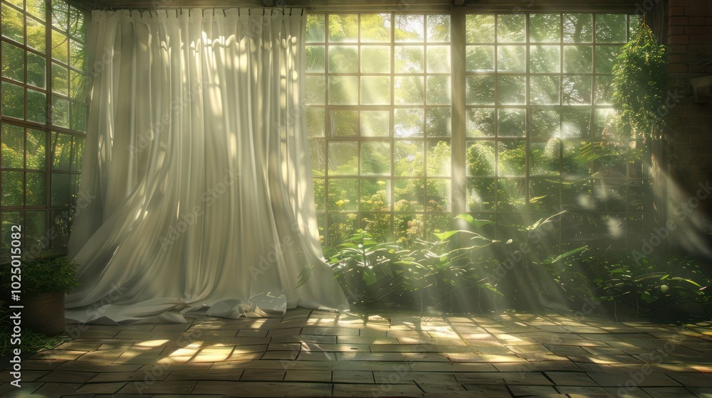Poster Sunlight streams through a large window in a greenhouse with white curtains.
