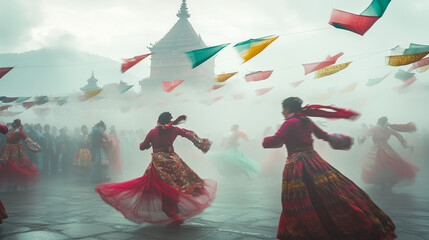 Morning atmosphere at the Tawang Festival, dancers in colorful clothes move harmoniously to the...