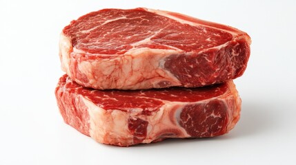 Obraz premium Two juicy raw rib-eye steaks stacked one on top of the other, isolated on a clean white background, highlighting the marbling and freshness of the meat