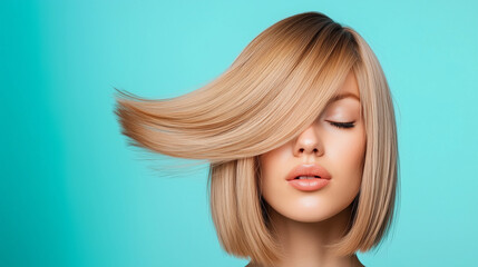 Naklejka premium A woman with blonde bob hairstyle and flowing hair against a turquoise background