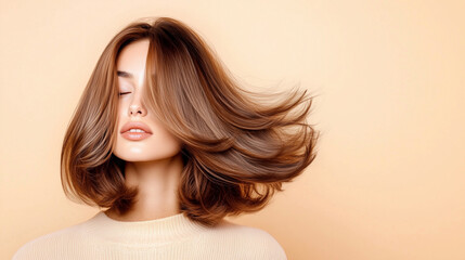 A model with perfectly styled, glossy hair that looks incredibly healthy and luxurious. The lighting emphasizes the shine and smoothness. Hair care concept
