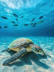 Obraz premium Green Sea Turtle Resting Underwater in Galapagos
