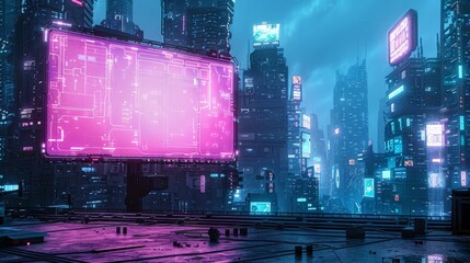 Neon-lit billboard with circuit pattern in a futuristic cityscape at night.