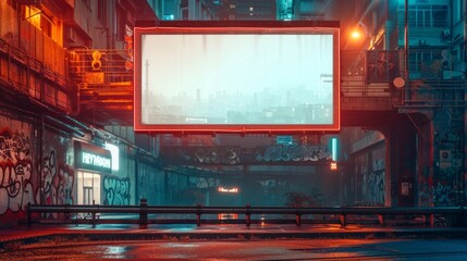 A futuristic cityscape at night, illuminated by neon lights. A large billboard with a blank screen dominates the alleyway, reflecting the city's skyline.