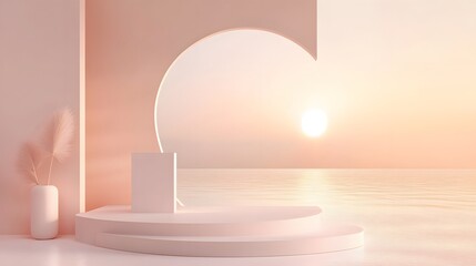 3. A captivating gradient background showcasing a serene landscape in gentle light pink shades, framed by an abstract studio room with a modern podium for product display