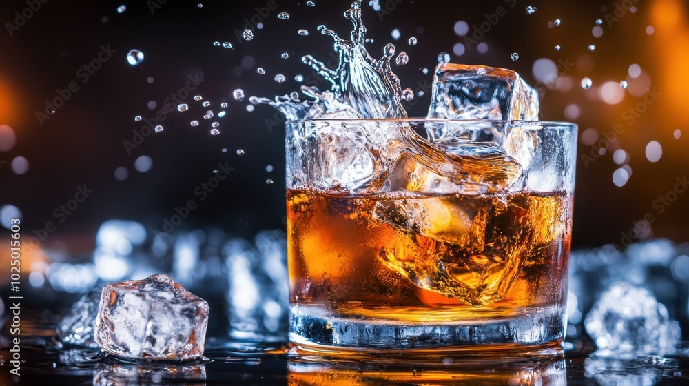 Poster whiskey and ice cubes splashing in a glass, set against a dark backdrop for a sharp, bold visual of 